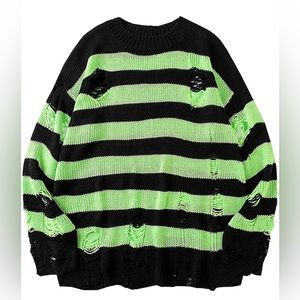 Black and green striped grunge alternative distressed pullover sweater
